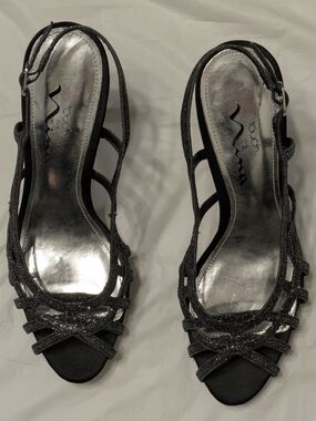 Touch of Nina Black Glitter Strappy Slingback Heels